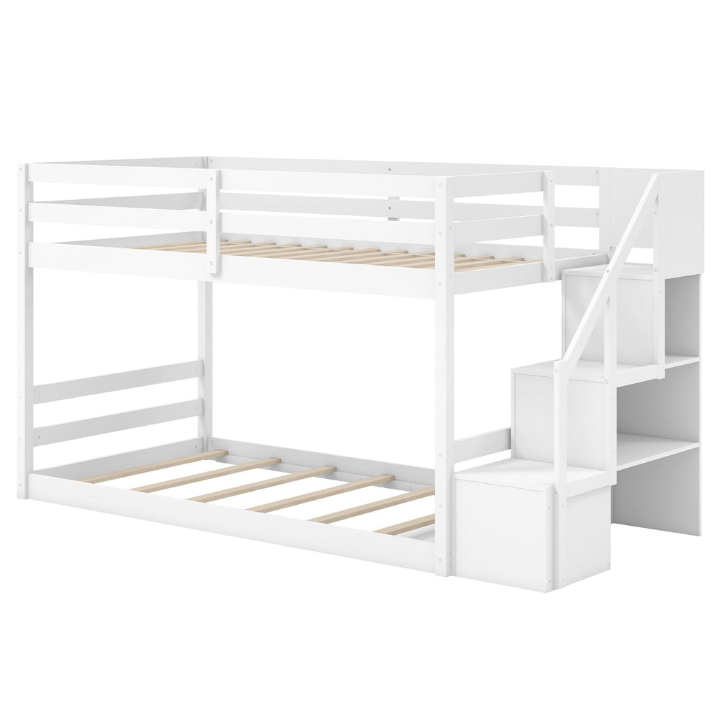 White Twin Over Twin Solid Wood Bunk Bed with Stairs H879