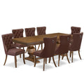 9-Piece Acacia Wood Dining Set with 8 Burgundy Faux Leather Chairs F285
