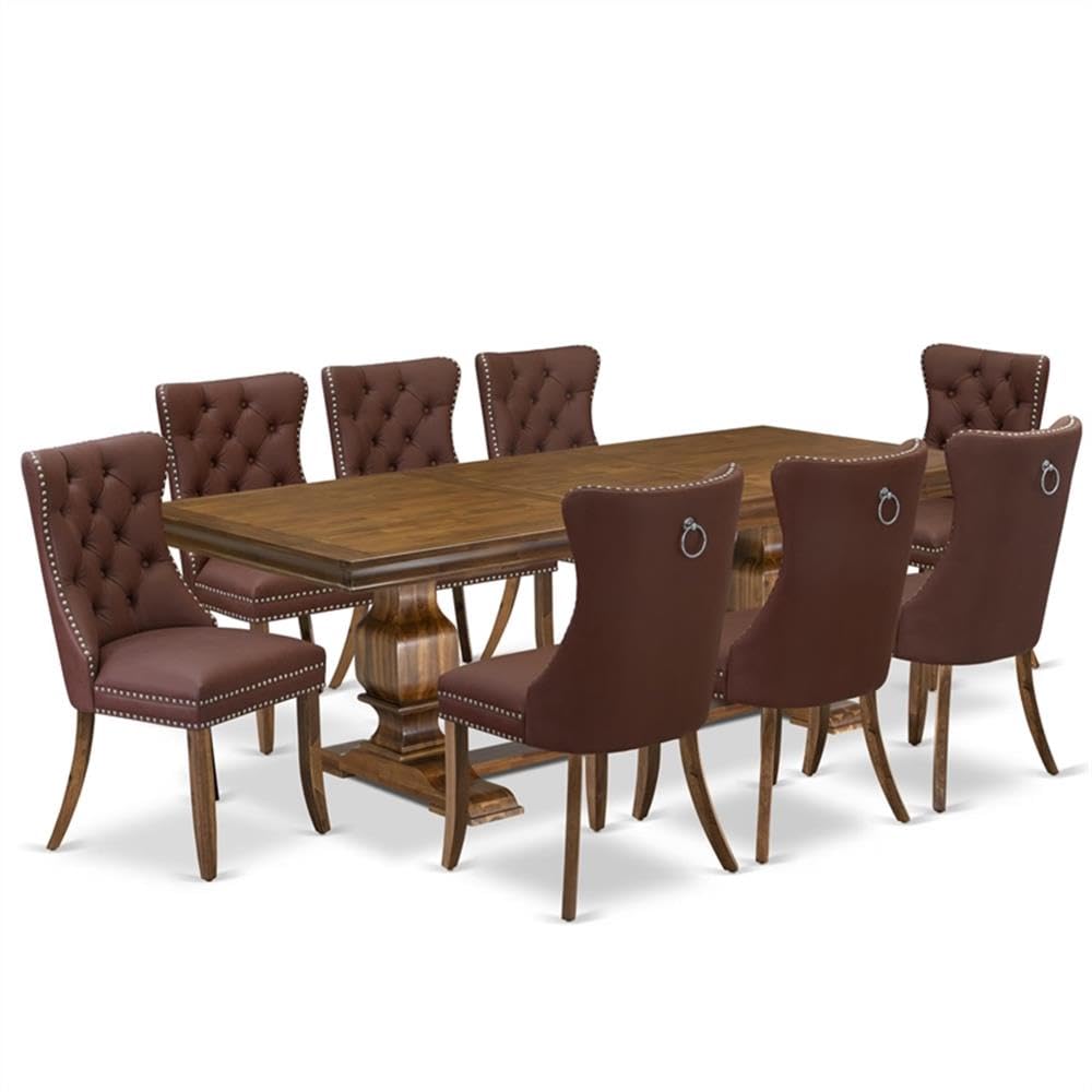 9-Piece Acacia Wood Dining Set with 8 Burgundy Faux Leather Chairs F285