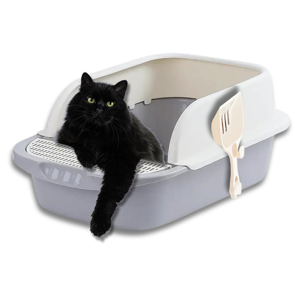 Large Open-Top Cat Litter Box with High Sides and Scoop I90490