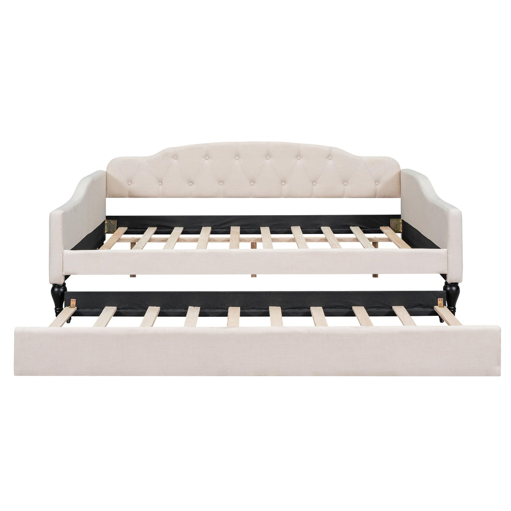 Beige Linen Button Tufted Full Size Daybed with Twin Size Trundle J9516