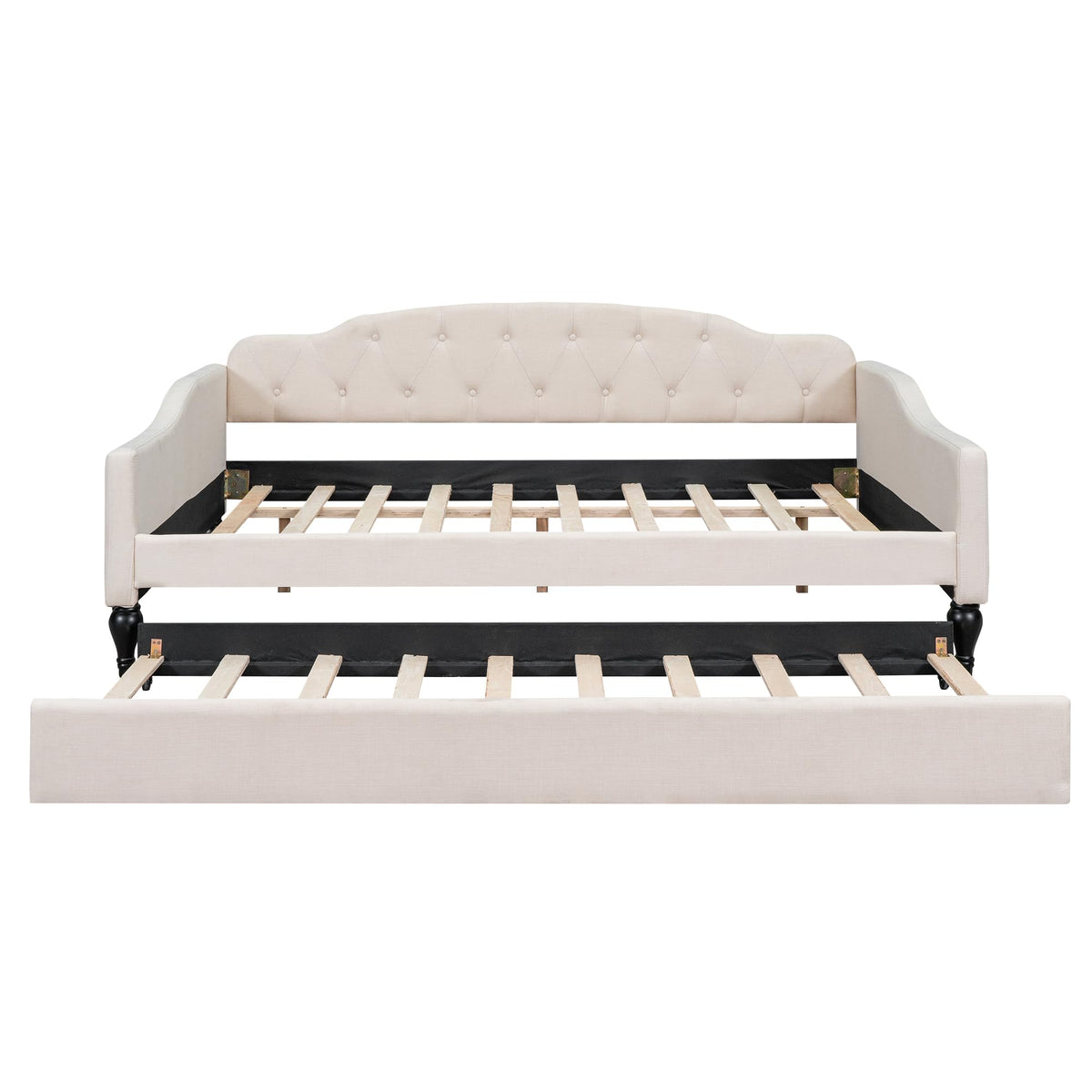 Beige Linen Button Tufted Full Size Daybed with Twin Size Trundle J9516