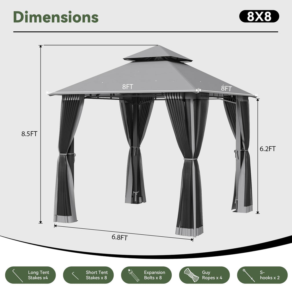 8'x8' Gray Gazebo with Double Roof & Mosquito Netting S46089