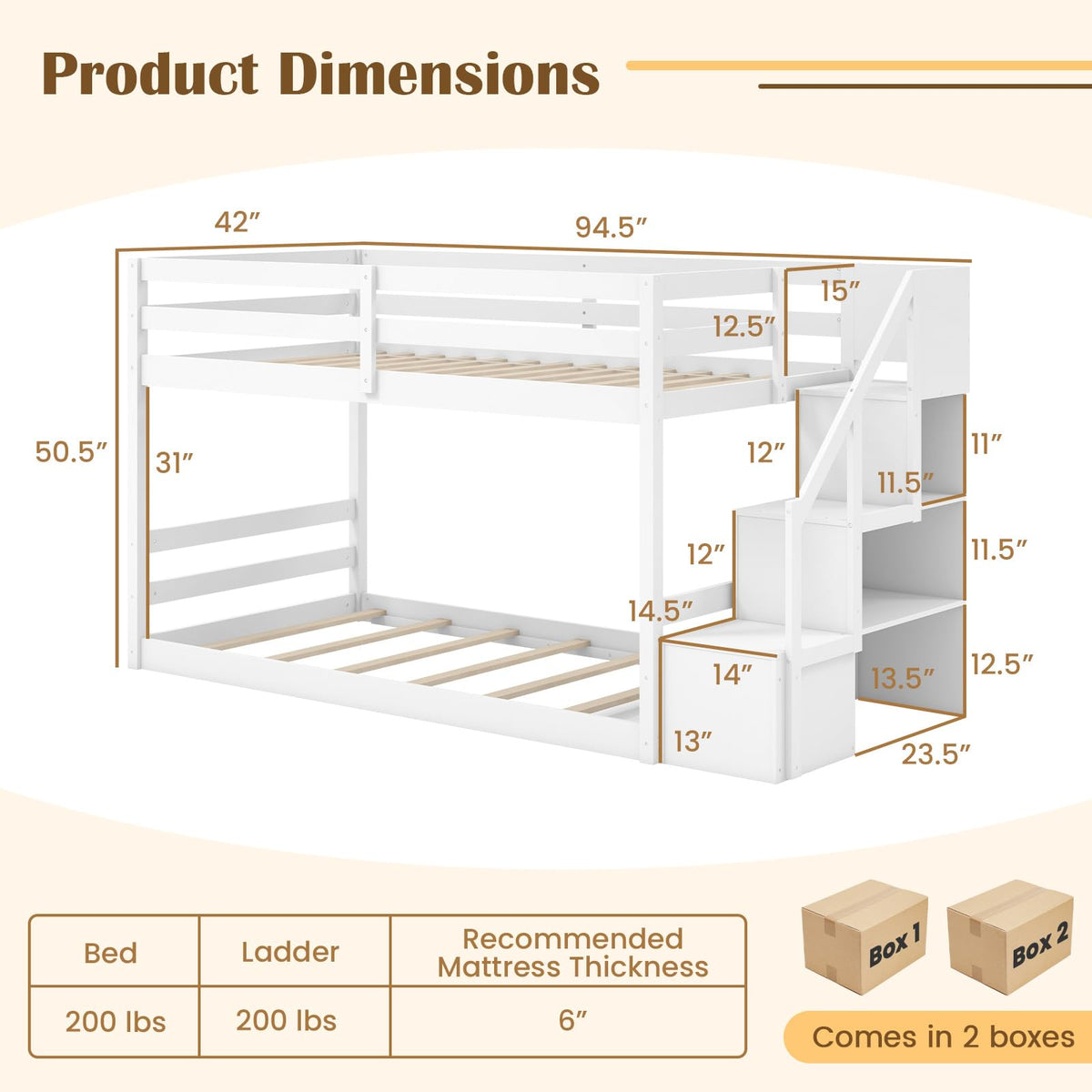 White Twin Over Twin Solid Wood Bunk Bed with Stairs H879