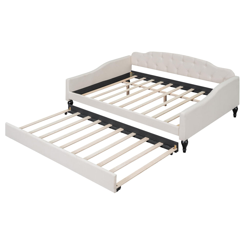 Beige Linen Button Tufted Full Size Daybed with Twin Size Trundle J9516
