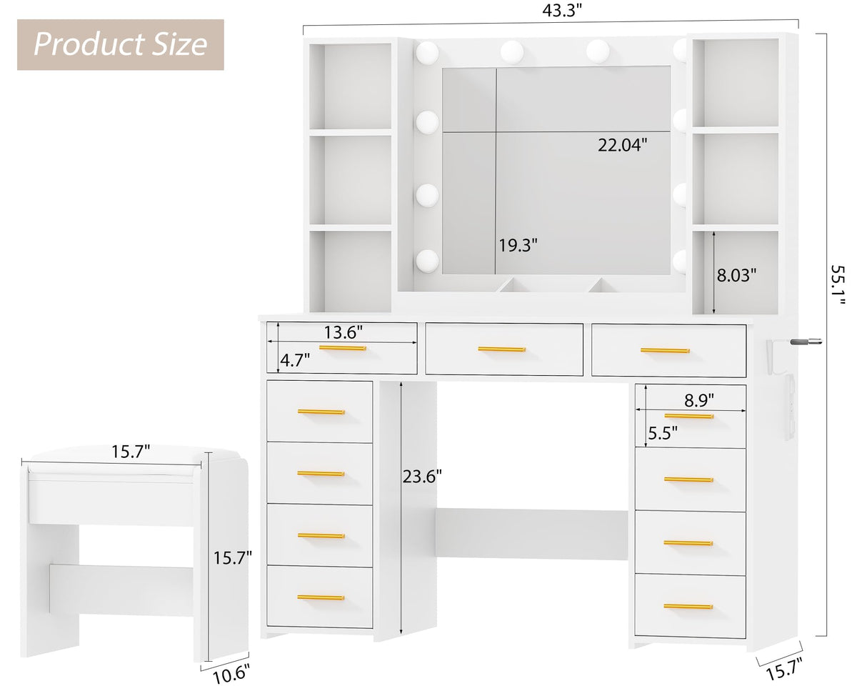 11 Drawer Makeup Vanity Desk with Mirror and Lights, Stool F146