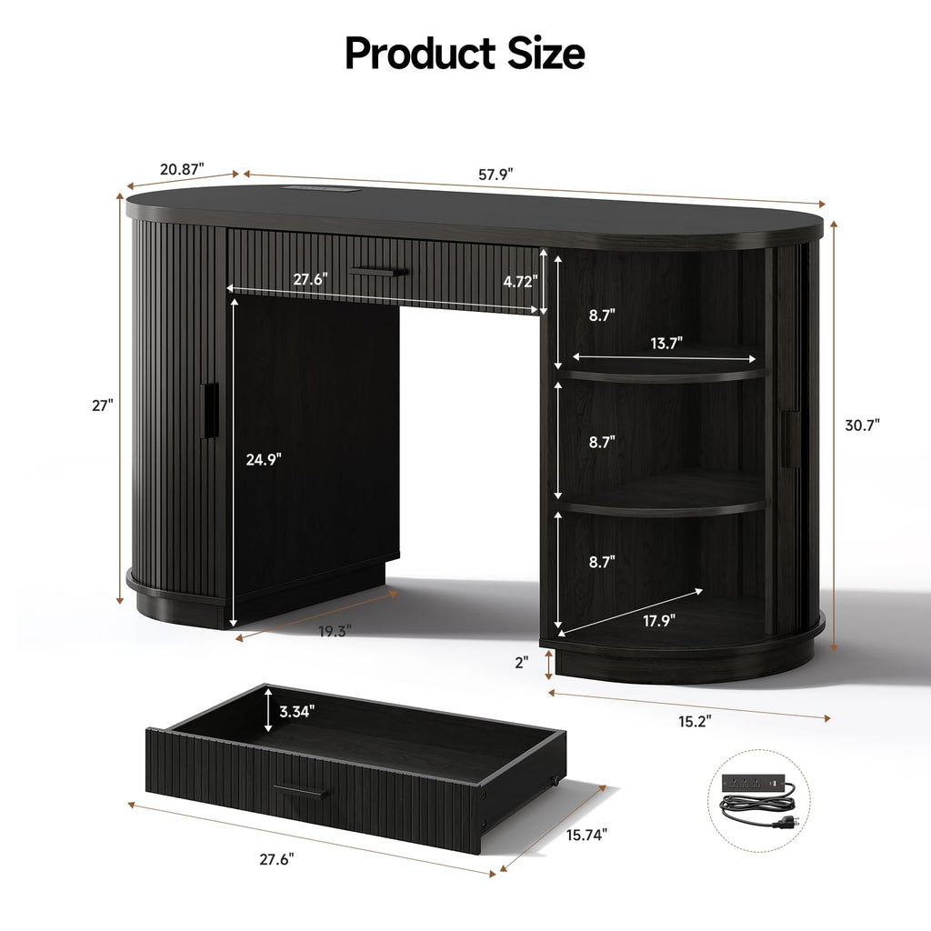 58" Fluted Executive Desk with Storage Drawer, Black V9810