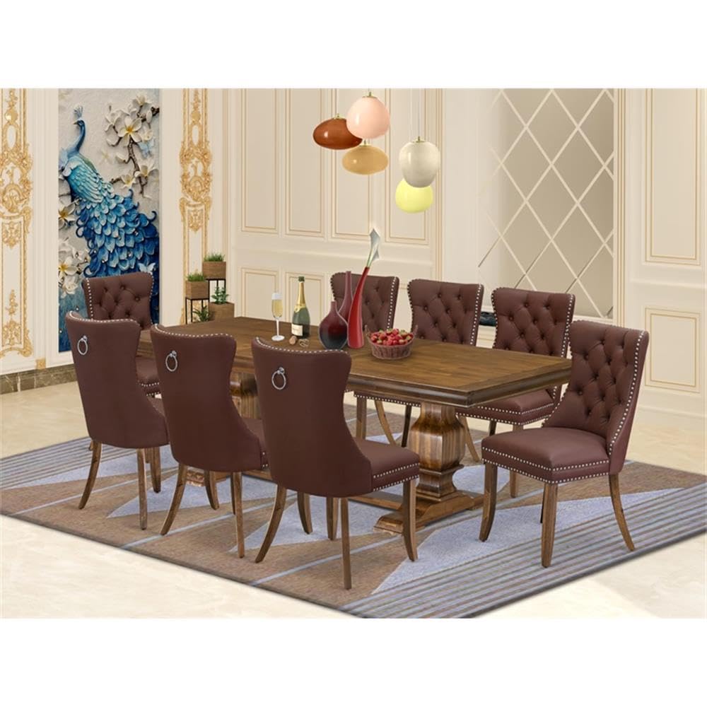 9-Piece Acacia Wood Dining Set with 8 Burgundy Faux Leather Chairs F285
