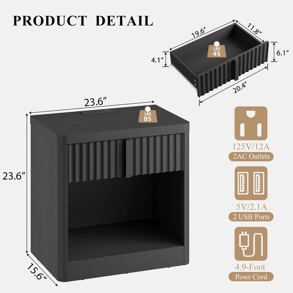 23.6" Fluted Nightstand with Charging Station, Black X288
