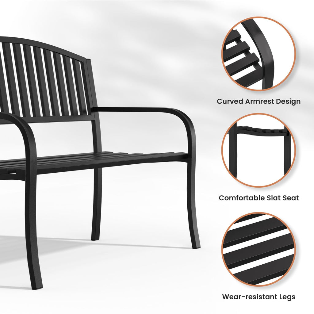 Black Wrought Iron Garden Bench with Armrests R3692