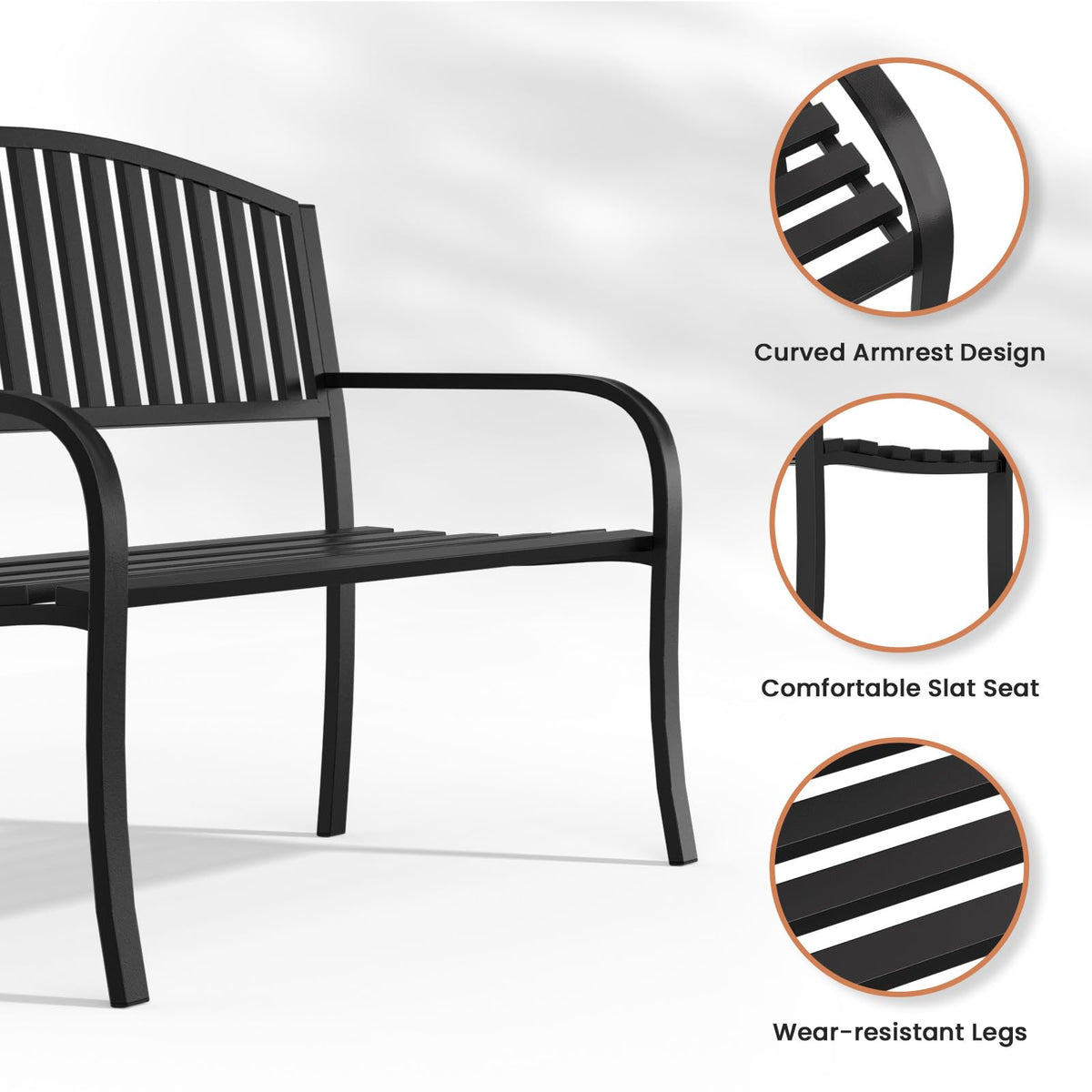 Black Wrought Iron Garden Bench with Armrests R3692