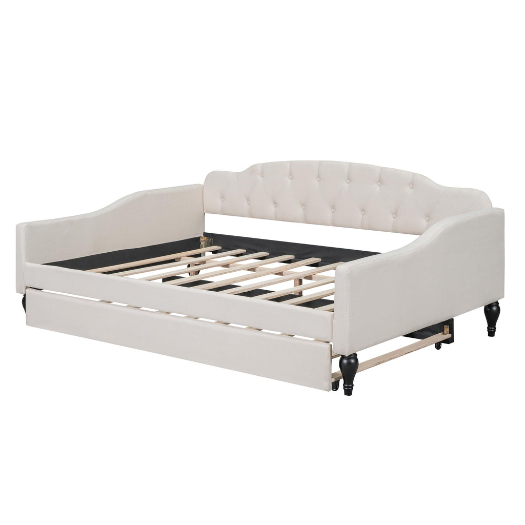 Beige Linen Button Tufted Full Size Daybed with Twin Size Trundle J9516