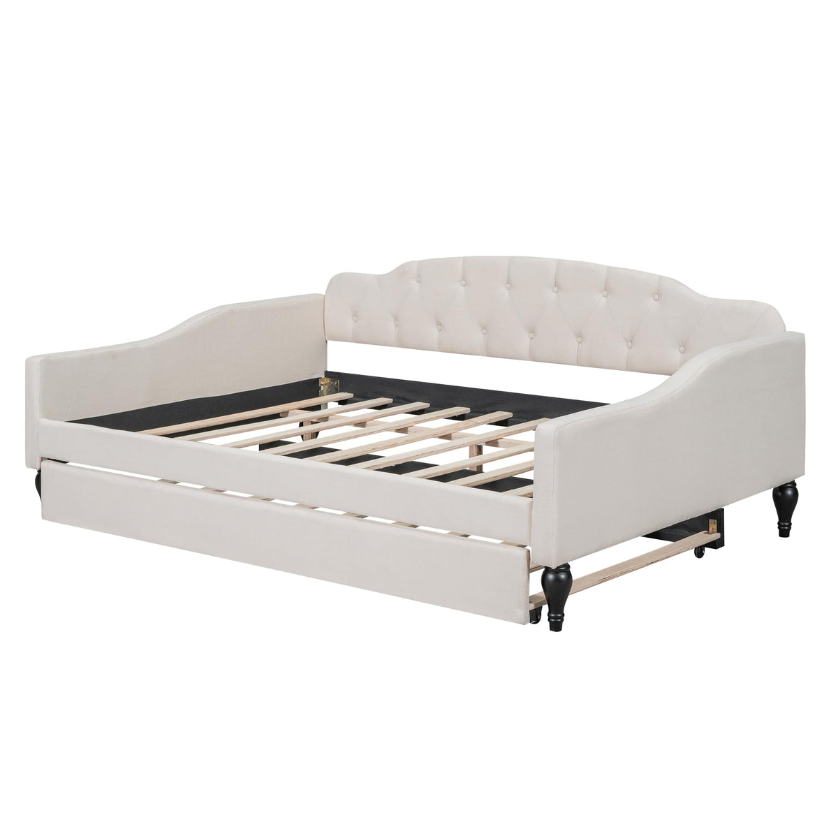 Beige Linen Button Tufted Full Size Daybed with Twin Size Trundle J9516