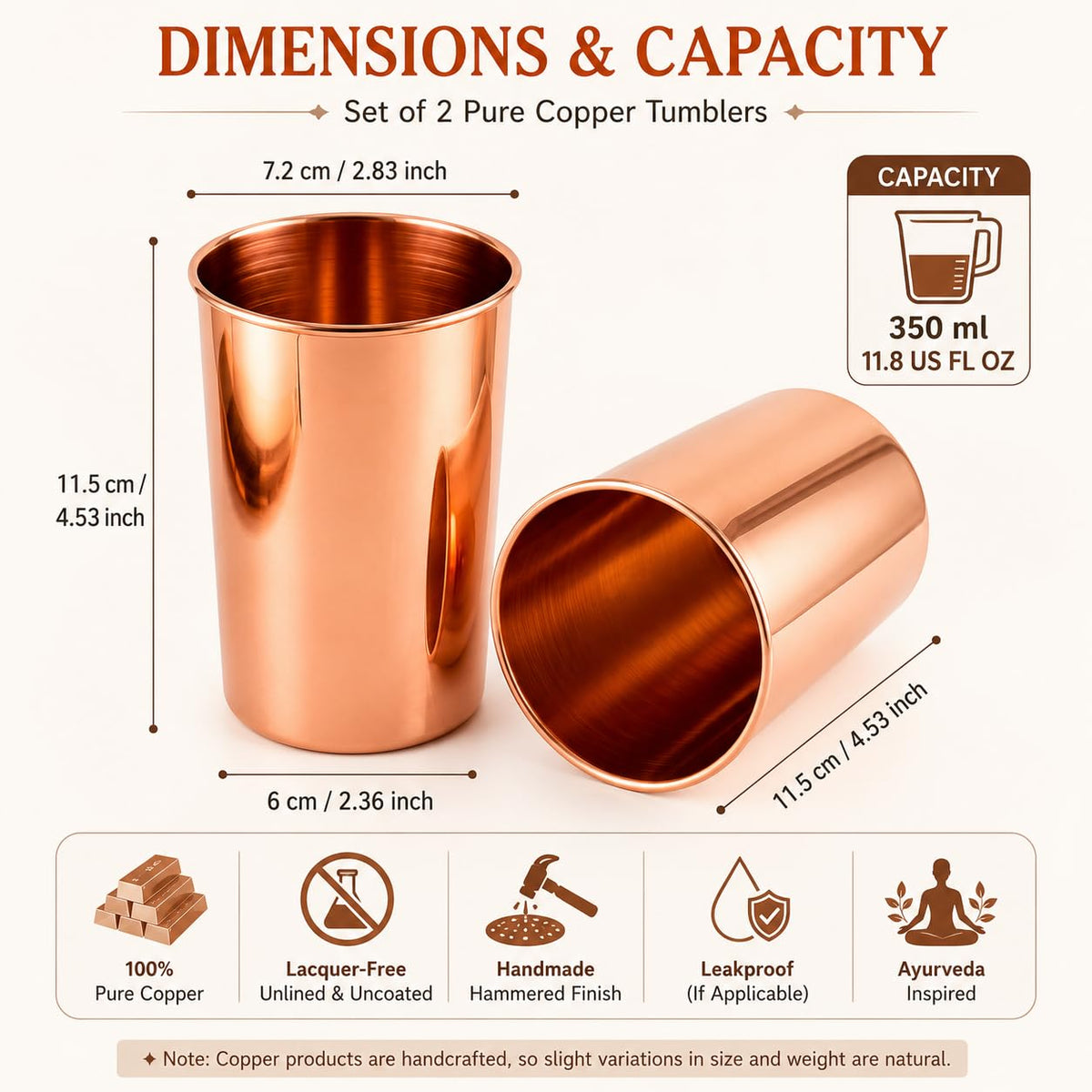 Copper Drinking Cups Set of 2, 350ml Unlined Uncoated Q641