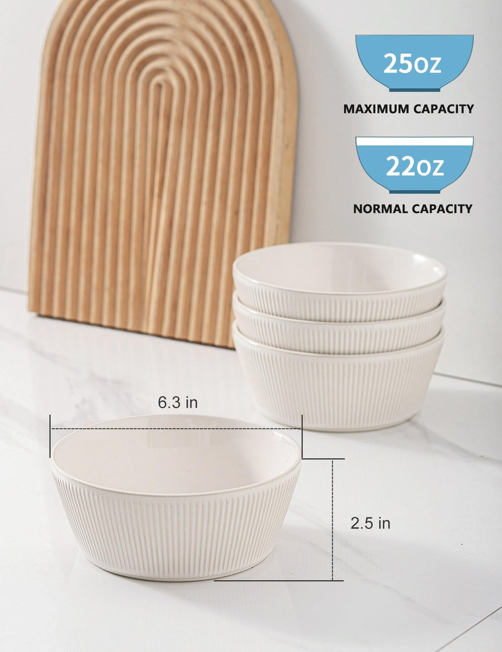 Ceramic Soup Bowls Set of 4, 6.3 inch Microwave Safe White M8625