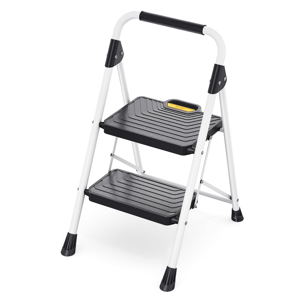 2 Step White Folding Ladder with Anti-Slip Pedals D89230