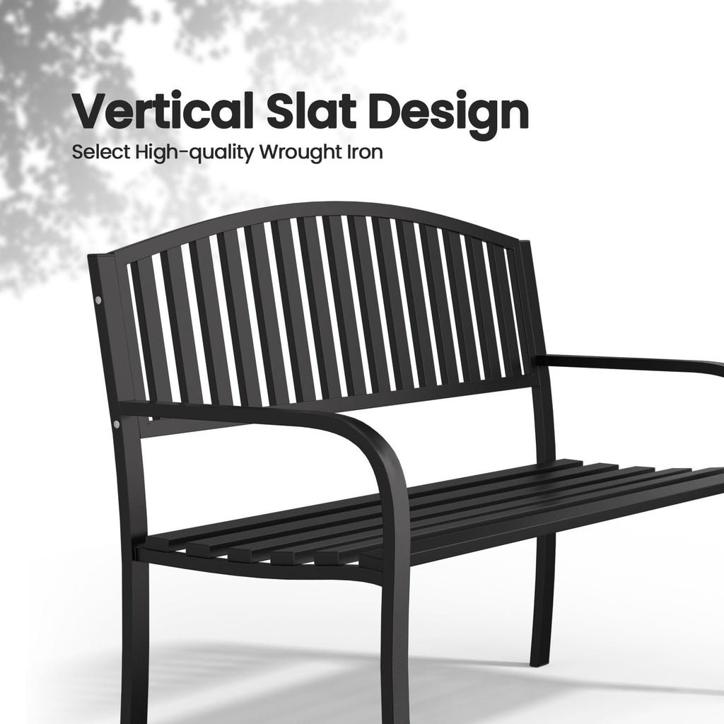 Black Wrought Iron Garden Bench with Armrests R3692