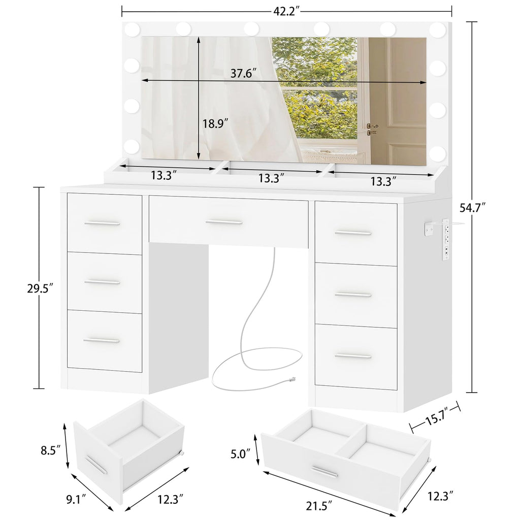 White Vanity Desk with 12 LED Lights and 7 Drawers Z927