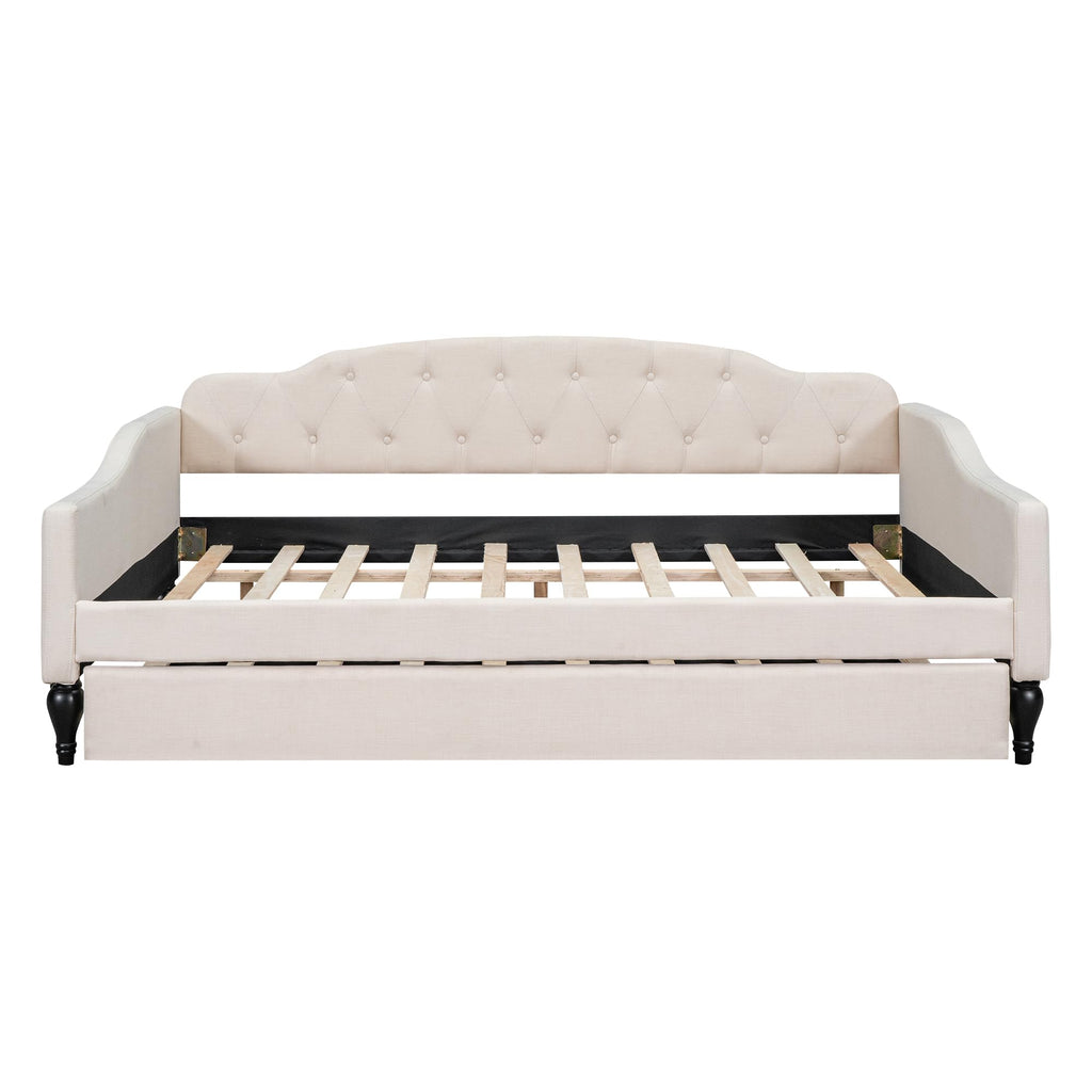 Beige Linen Button Tufted Full Size Daybed with Twin Size Trundle J9516