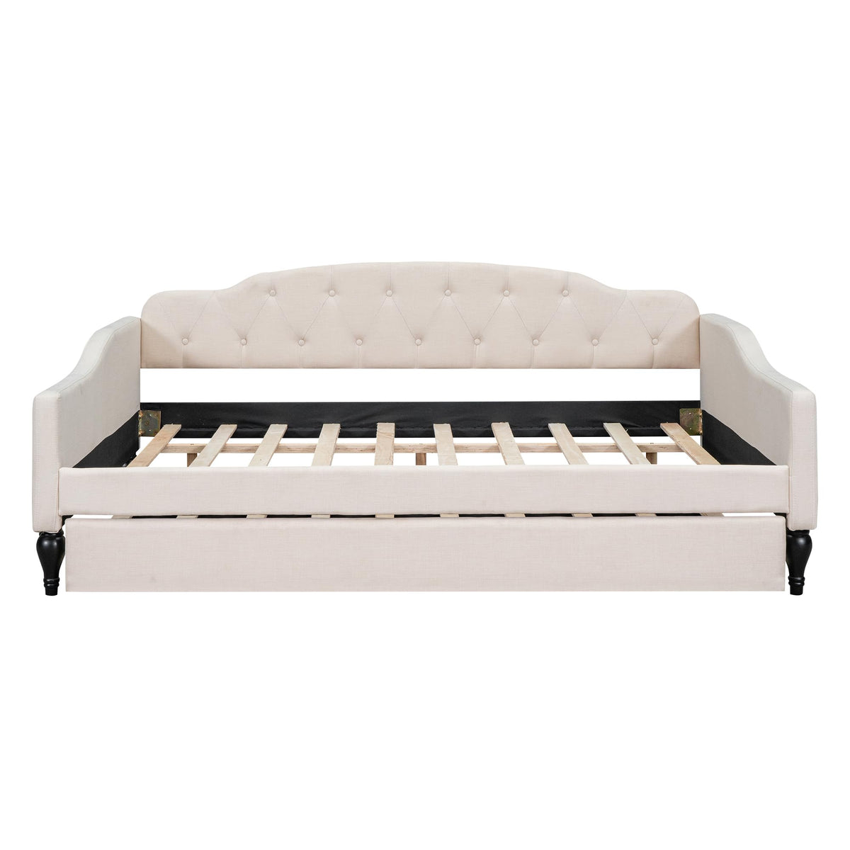 Beige Linen Button Tufted Full Size Daybed with Twin Size Trundle J9516