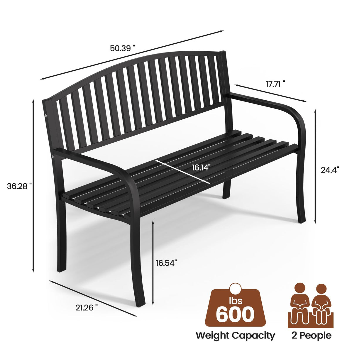 Black Wrought Iron Garden Bench with Armrests R3692