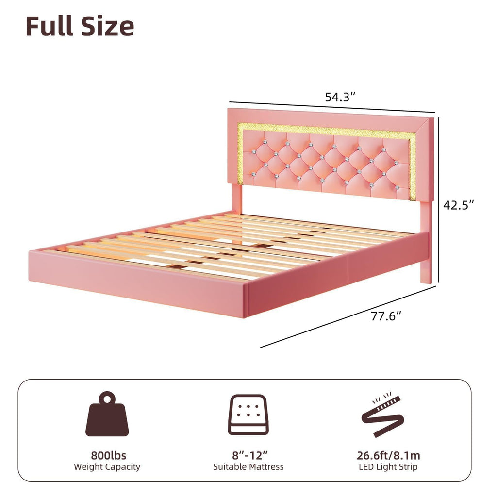 Pink Full Floating Bed Frame with LED Lights and Diamond Headboard U958052