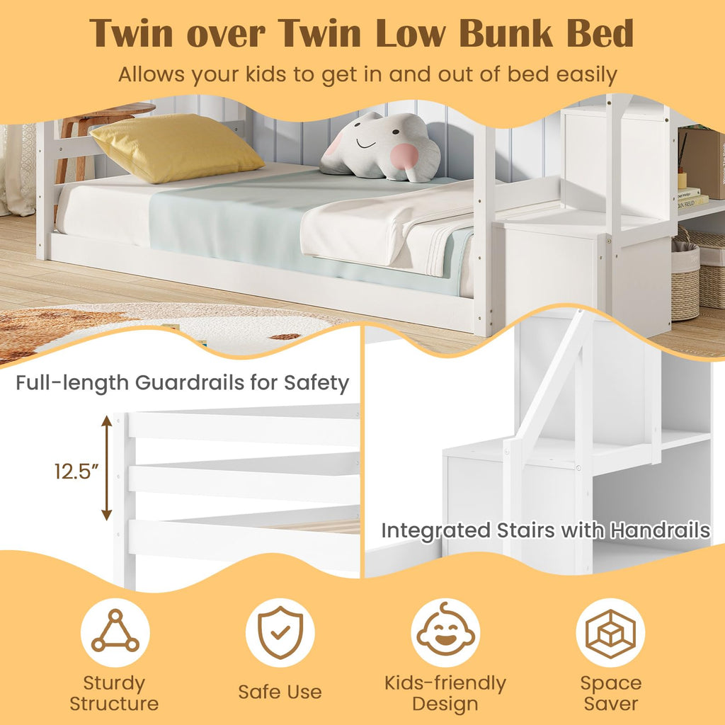 White Twin Over Twin Solid Wood Bunk Bed with Stairs H879