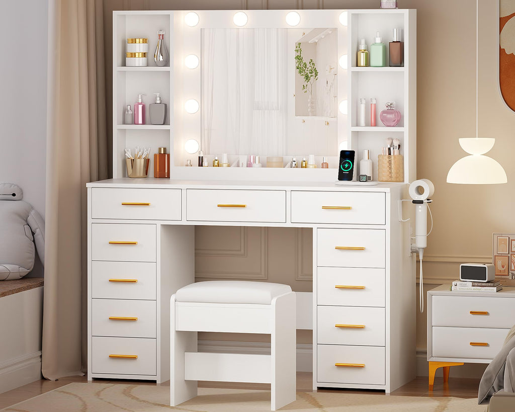 11 Drawer Makeup Vanity Desk with Mirror and Lights, Stool F146