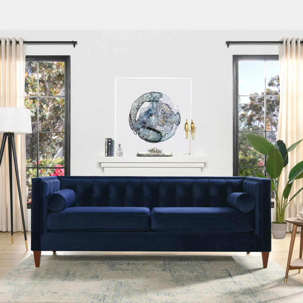 84" Tufted Navy Blue Velvet Sofa with Two Reversible Cushions F729
