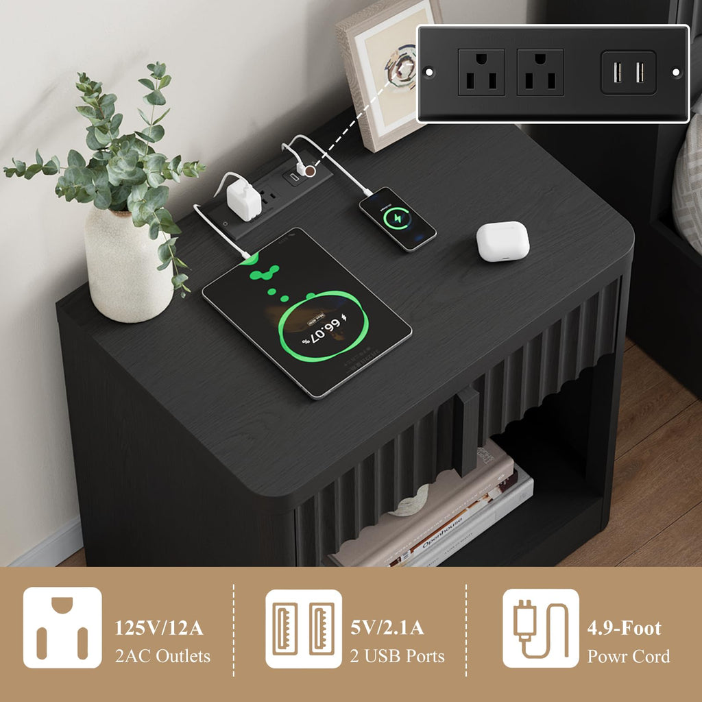 23.6" Fluted Nightstand with Charging Station, Black X288