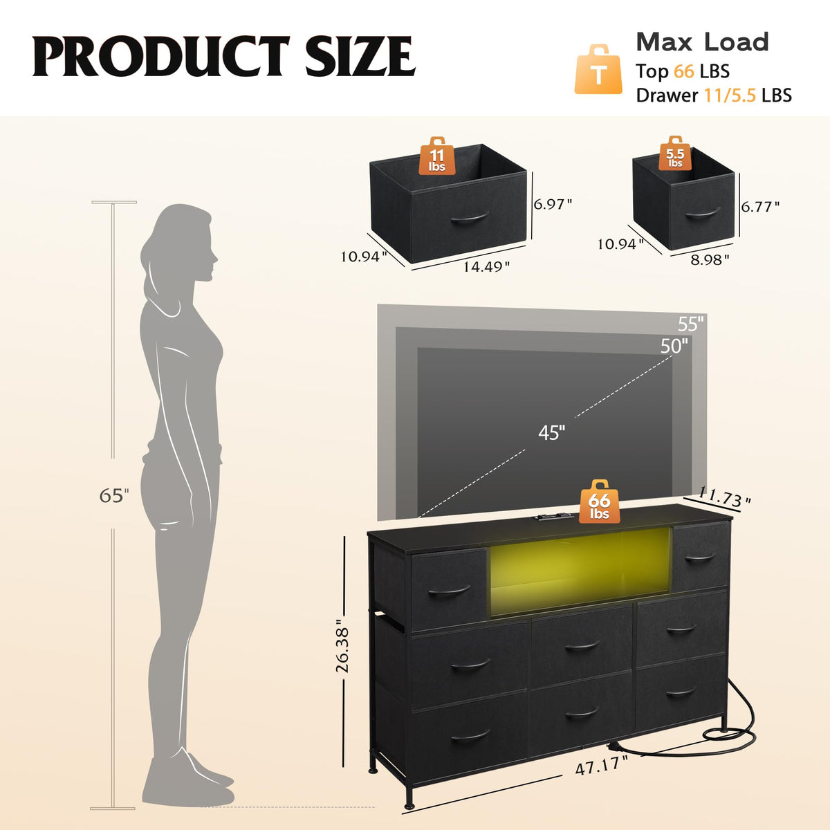Black 8 Drawer Dresser TV Stand W728
