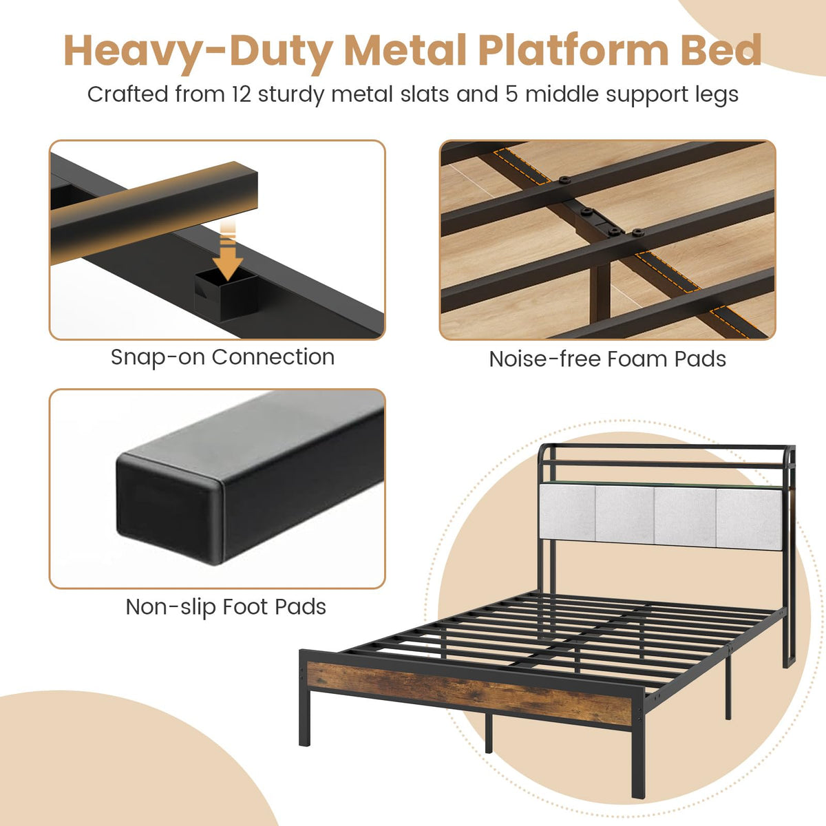 Full Size Metal Platform Bed with Storage Headboard B459620