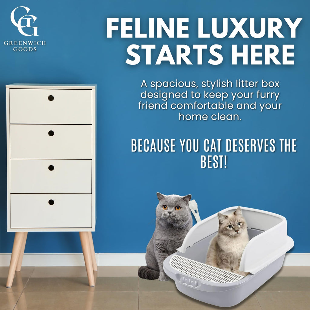 Large Open-Top Cat Litter Box with High Sides and Scoop I90490