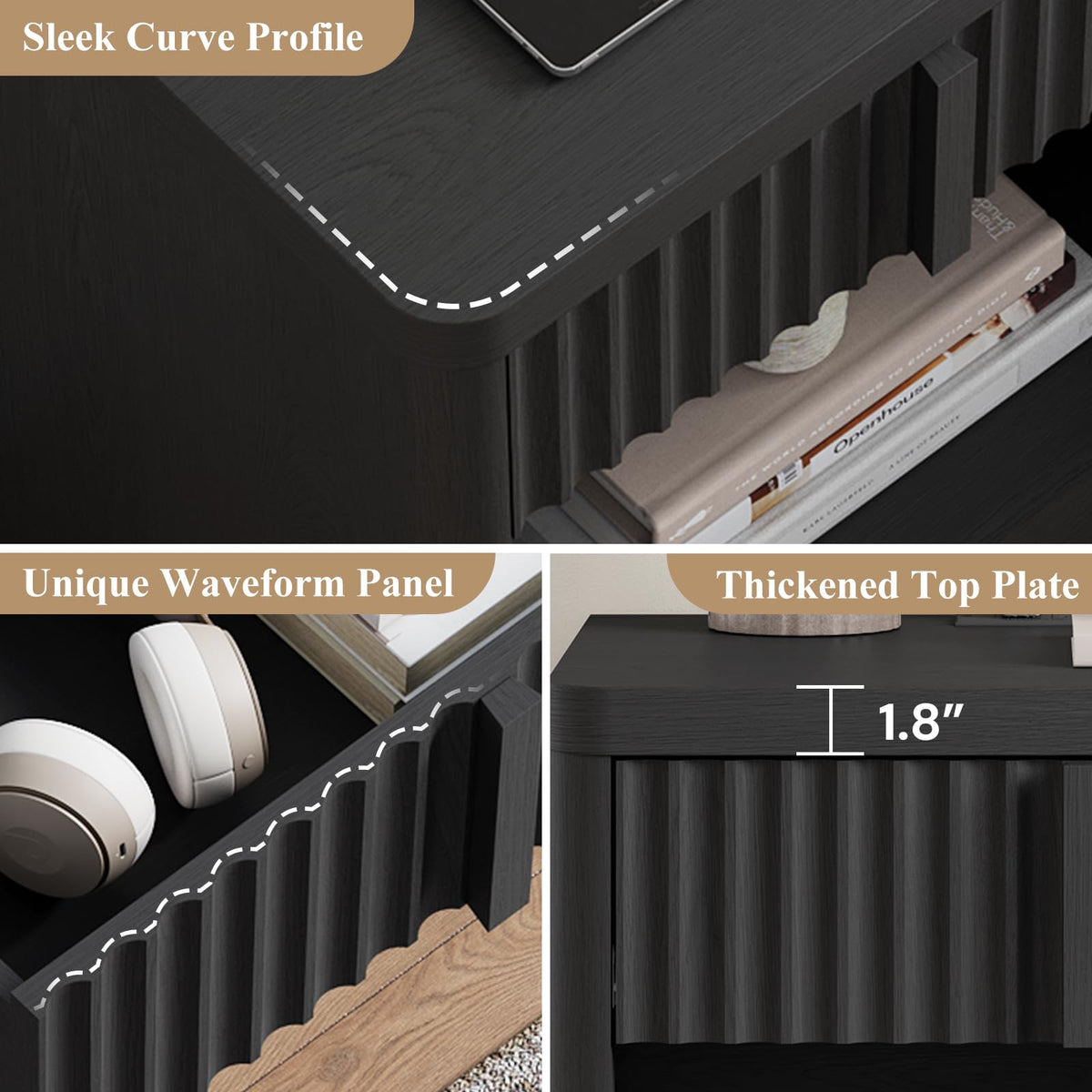 23.6" Fluted Nightstand with Charging Station, Black X288