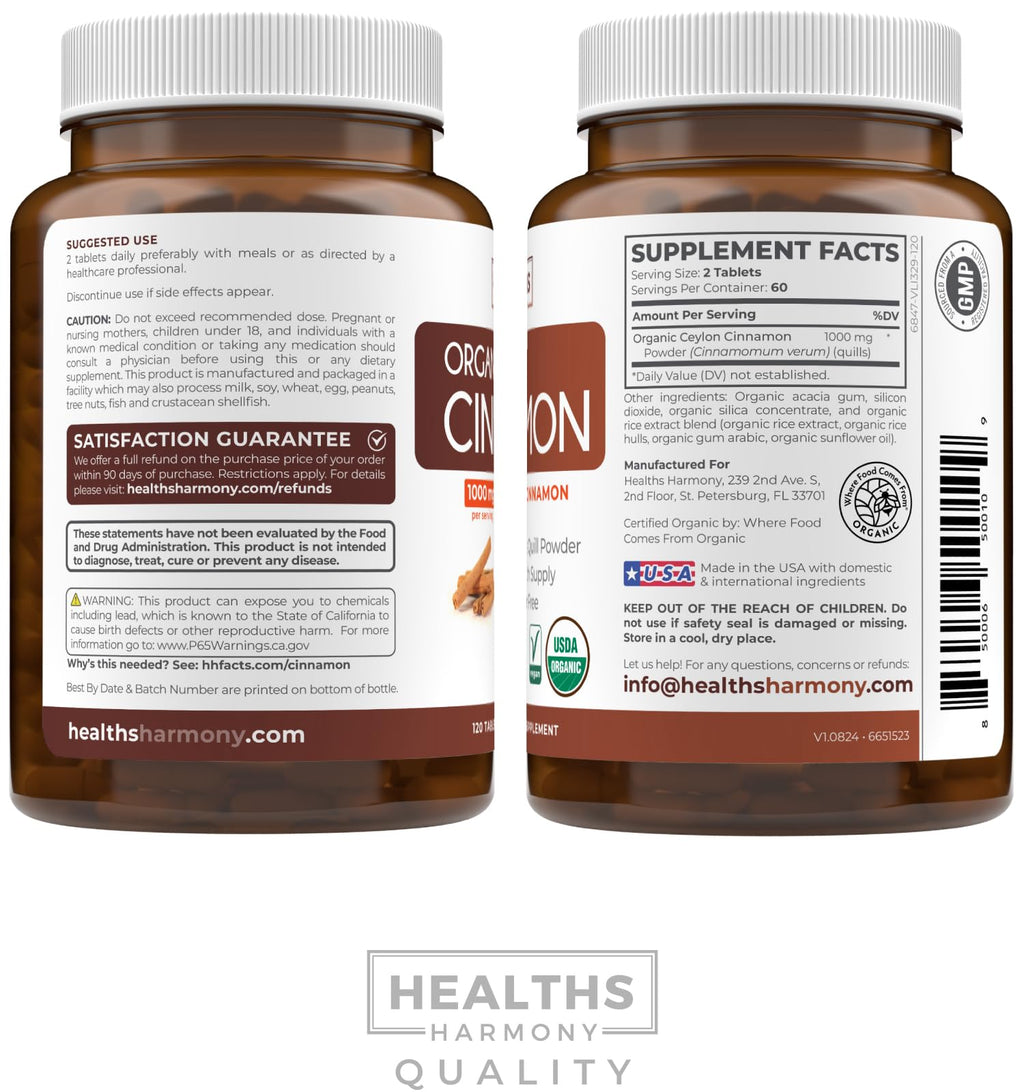 USDA Organic Ceylon Cinnamon 1000mg Vegan Non-GMO Supplement Y50261