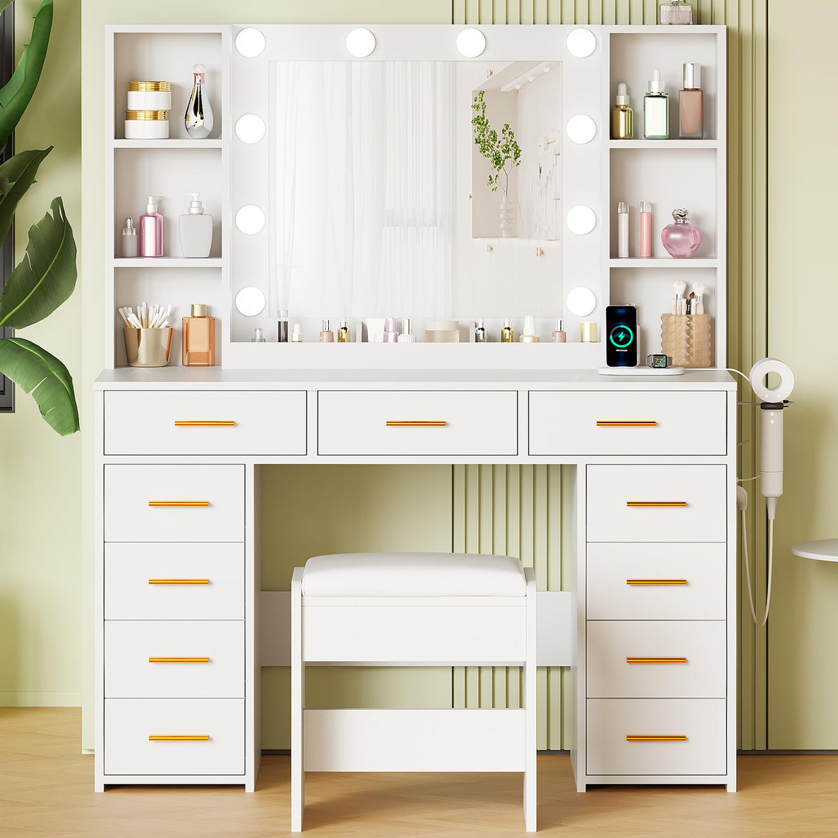11 Drawer Makeup Vanity Desk with Mirror and Lights, Stool F146