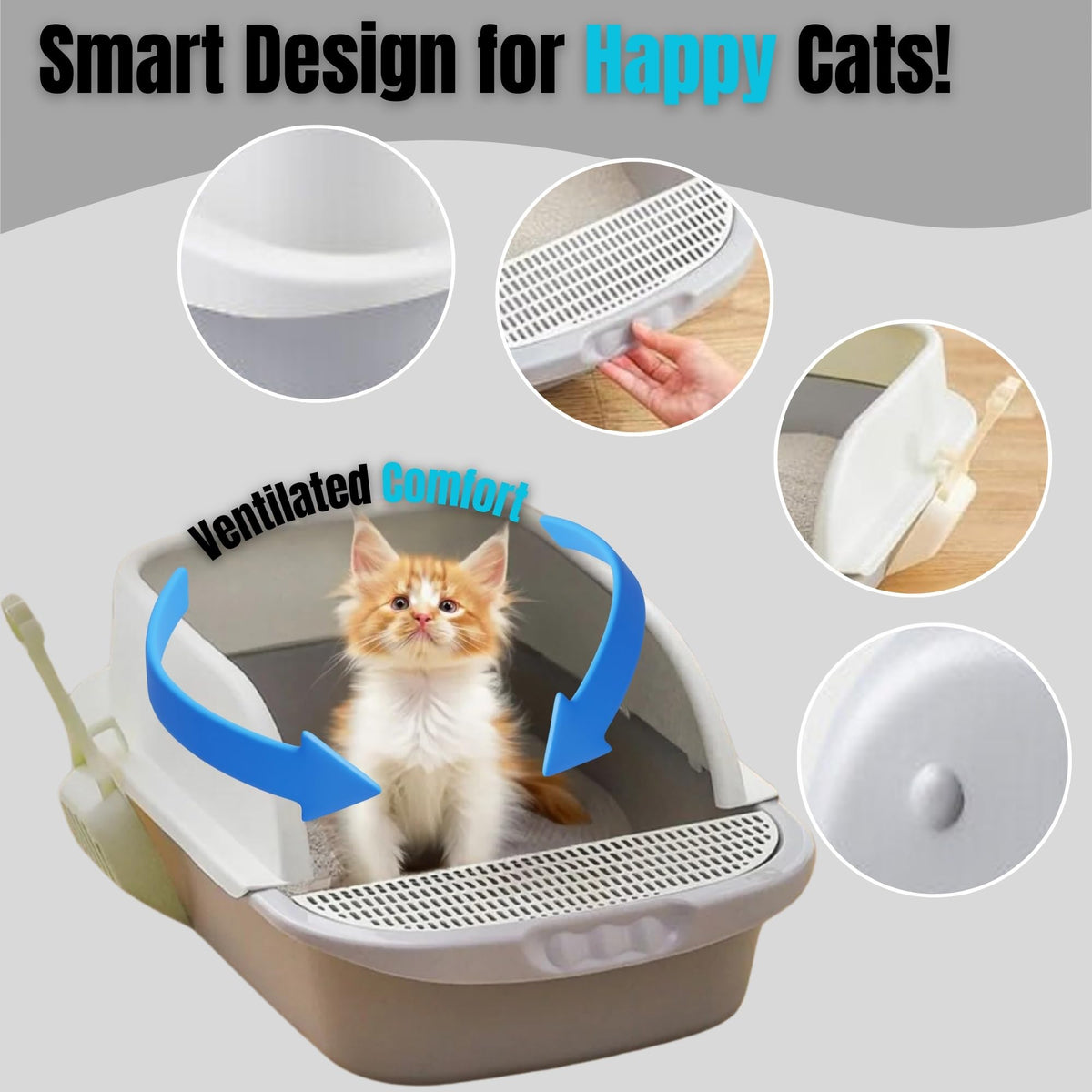 Large Open-Top Cat Litter Box with High Sides and Scoop I90490