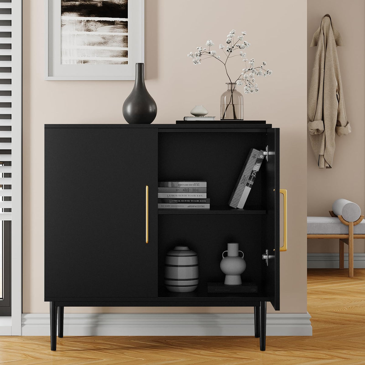 Black Storage Cabinet with Doors and Adjustable Shelf I8093