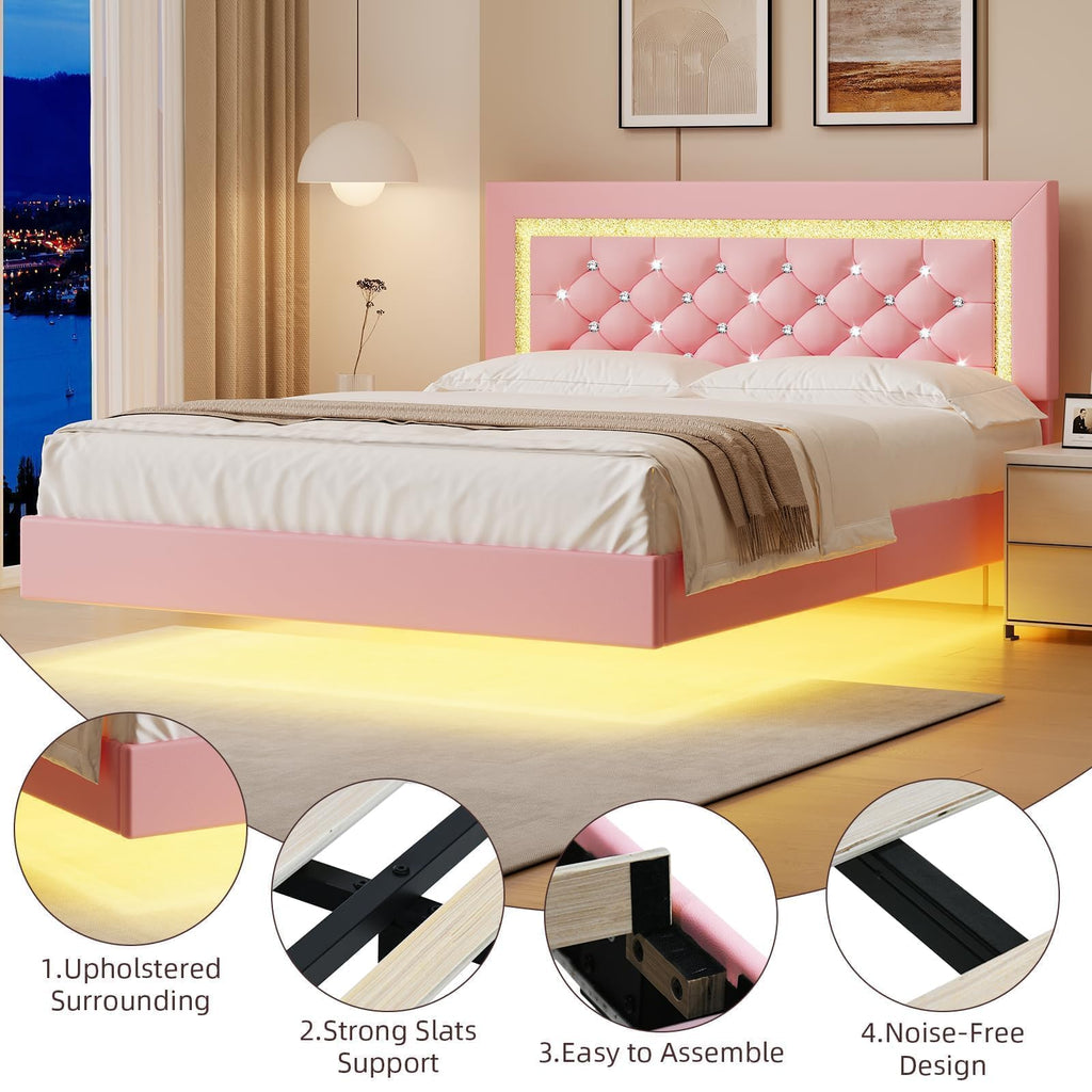 Pink Full Floating Bed Frame with LED Lights and Diamond Headboard U958052