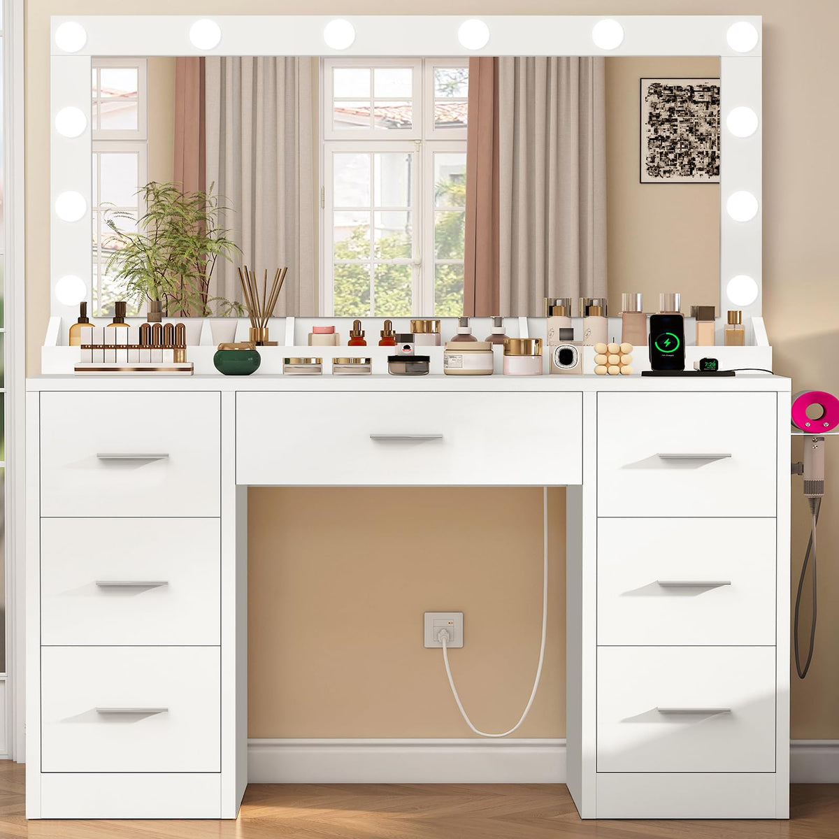 White Vanity Desk with 12 LED Lights and 7 Drawers Z927