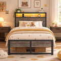 Grey Twin Metal Platform Bed Frame with Storage Headboard B11989