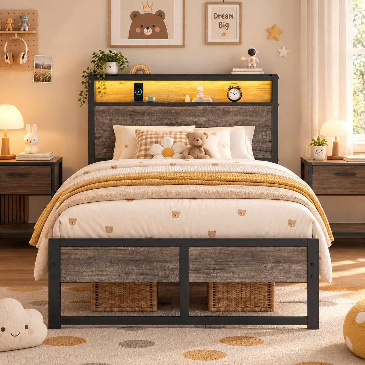 Grey Twin Metal Platform Bed Frame with Storage Headboard B11989