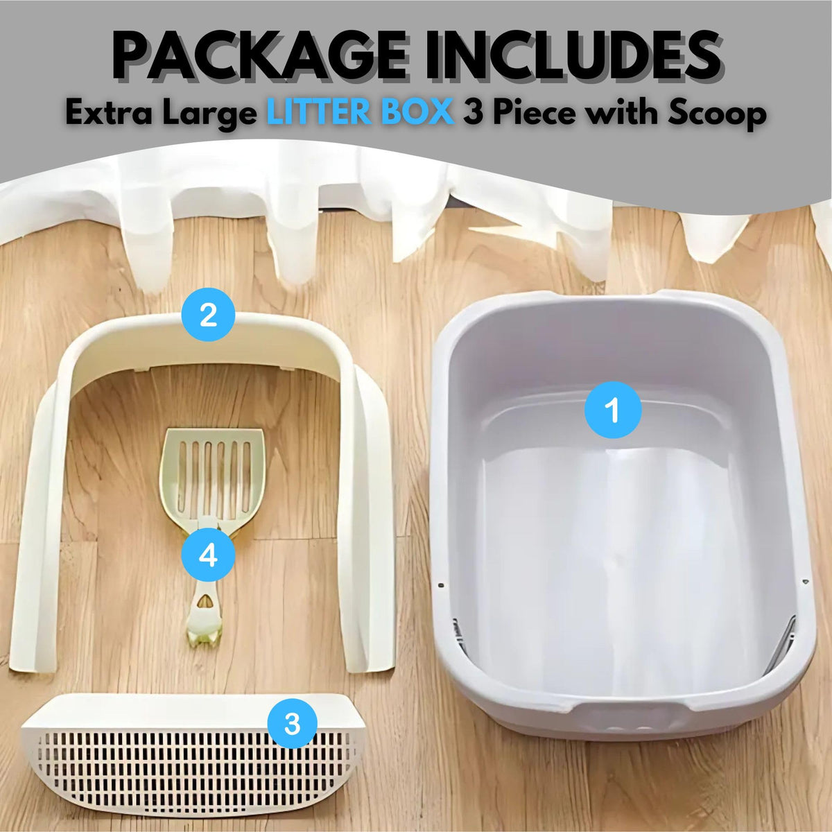 Large Open-Top Cat Litter Box with High Sides and Scoop I90490