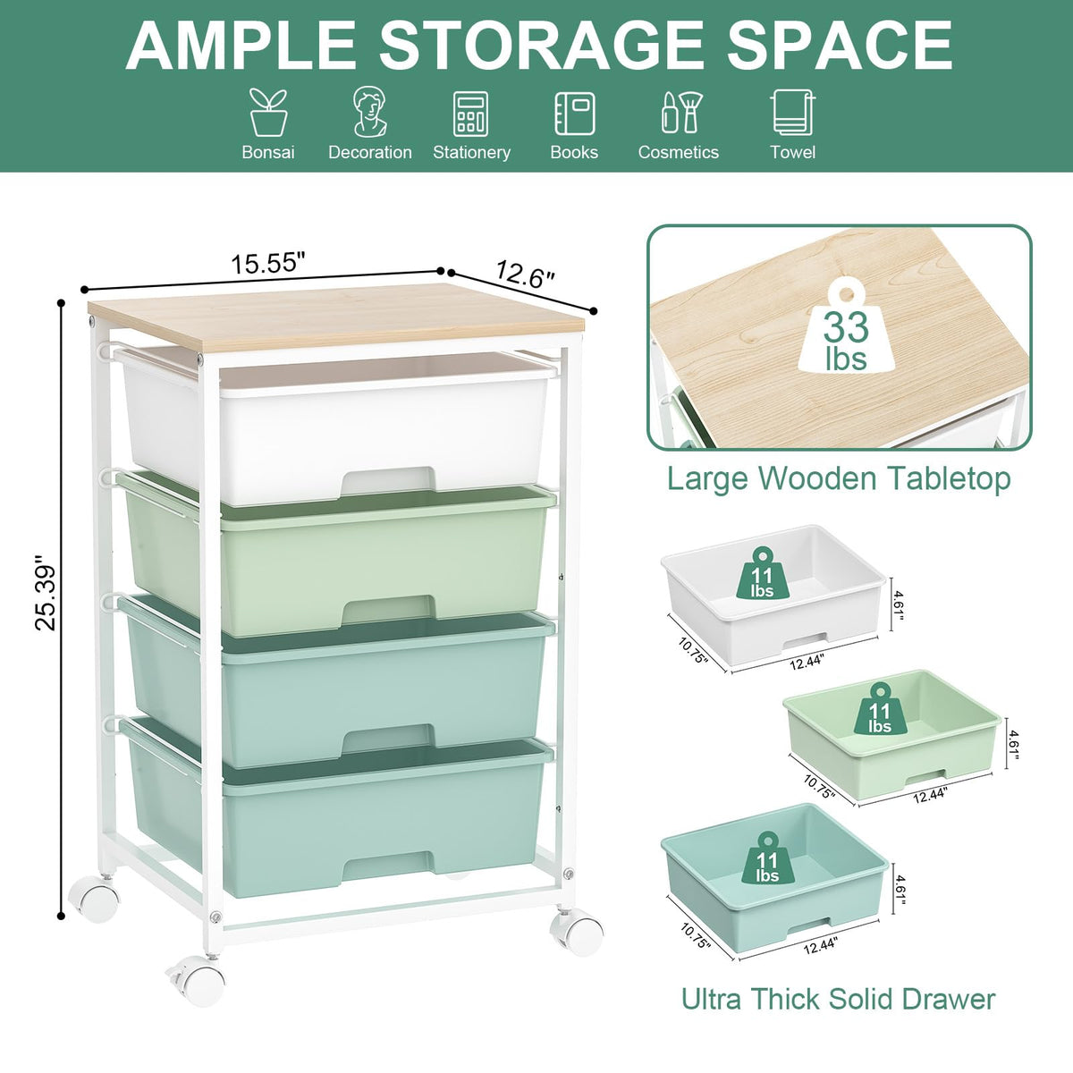 Rolling Cart with Drawers, 4-Drawer Utility Cart, Green X49717