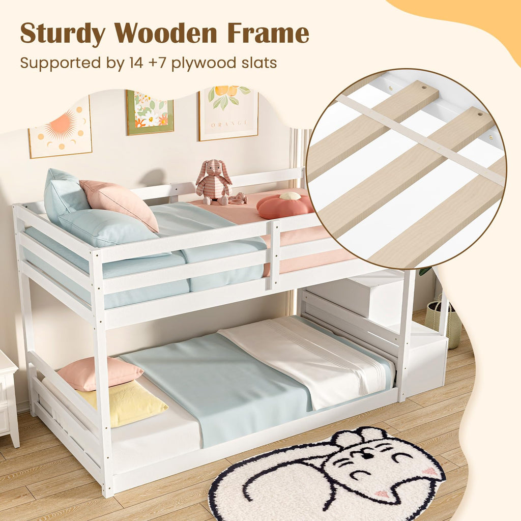 White Twin Over Twin Solid Wood Bunk Bed with Stairs H879