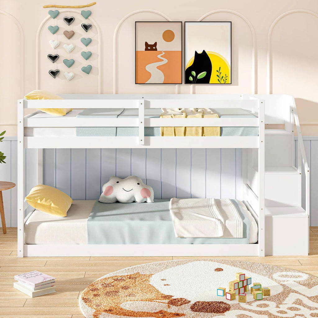 White Twin Over Twin Solid Wood Bunk Bed with Stairs H879