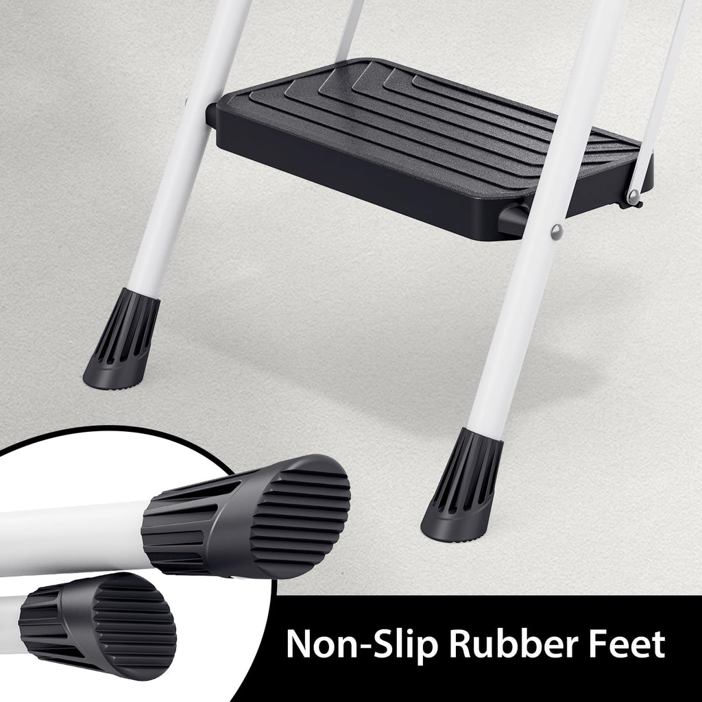 2 Step White Folding Ladder with Anti-Slip Pedals D89230