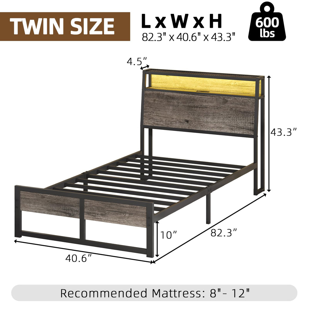 Grey Twin Metal Platform Bed Frame with Storage Headboard B11989