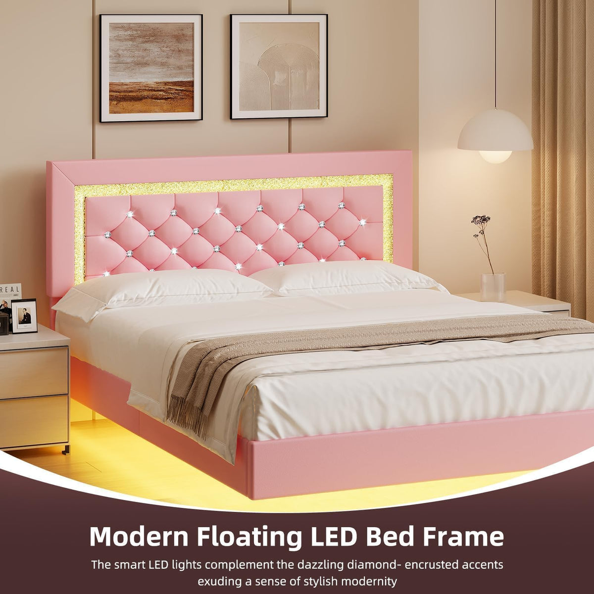 Pink Full Floating Bed Frame with LED Lights and Diamond Headboard U958052