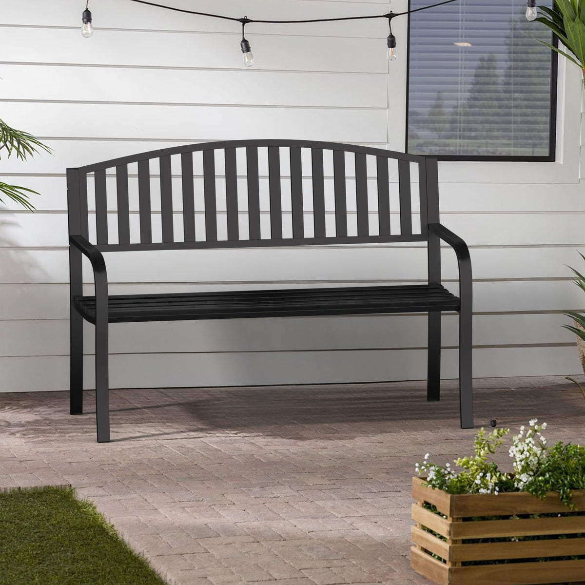 Black Wrought Iron Garden Bench with Armrests R3692